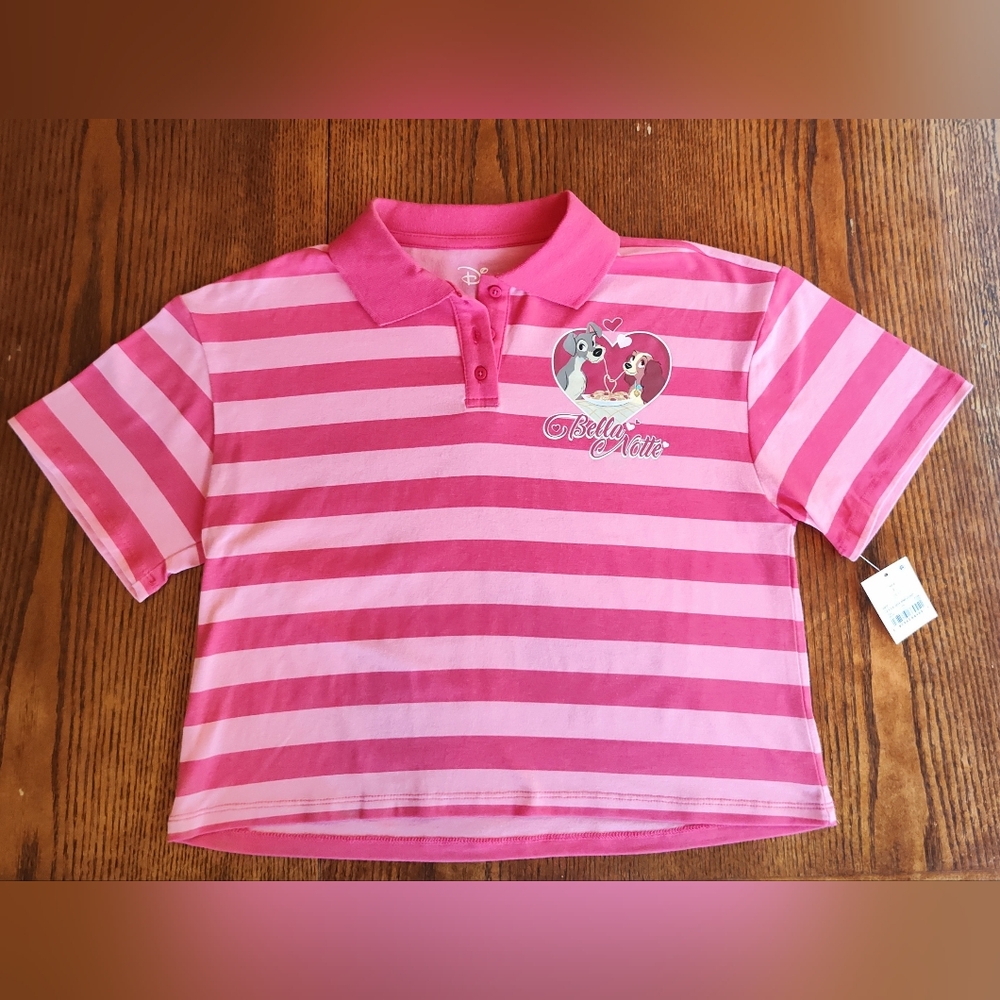 NWT Kids Large Cropped Striped Disney Lady & The Tramp Polo Shirt